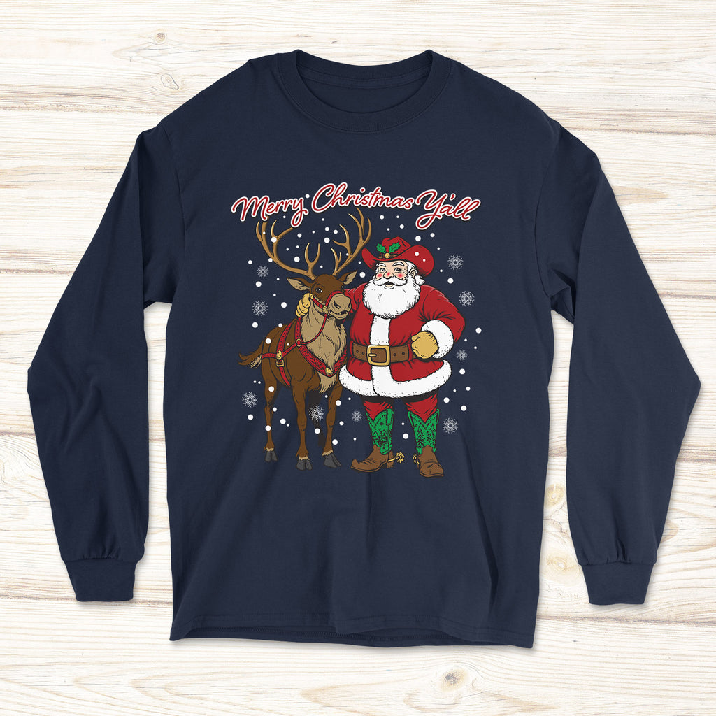 Navy long-sleeve shirt with a western Santa Claus and reindeer design.
