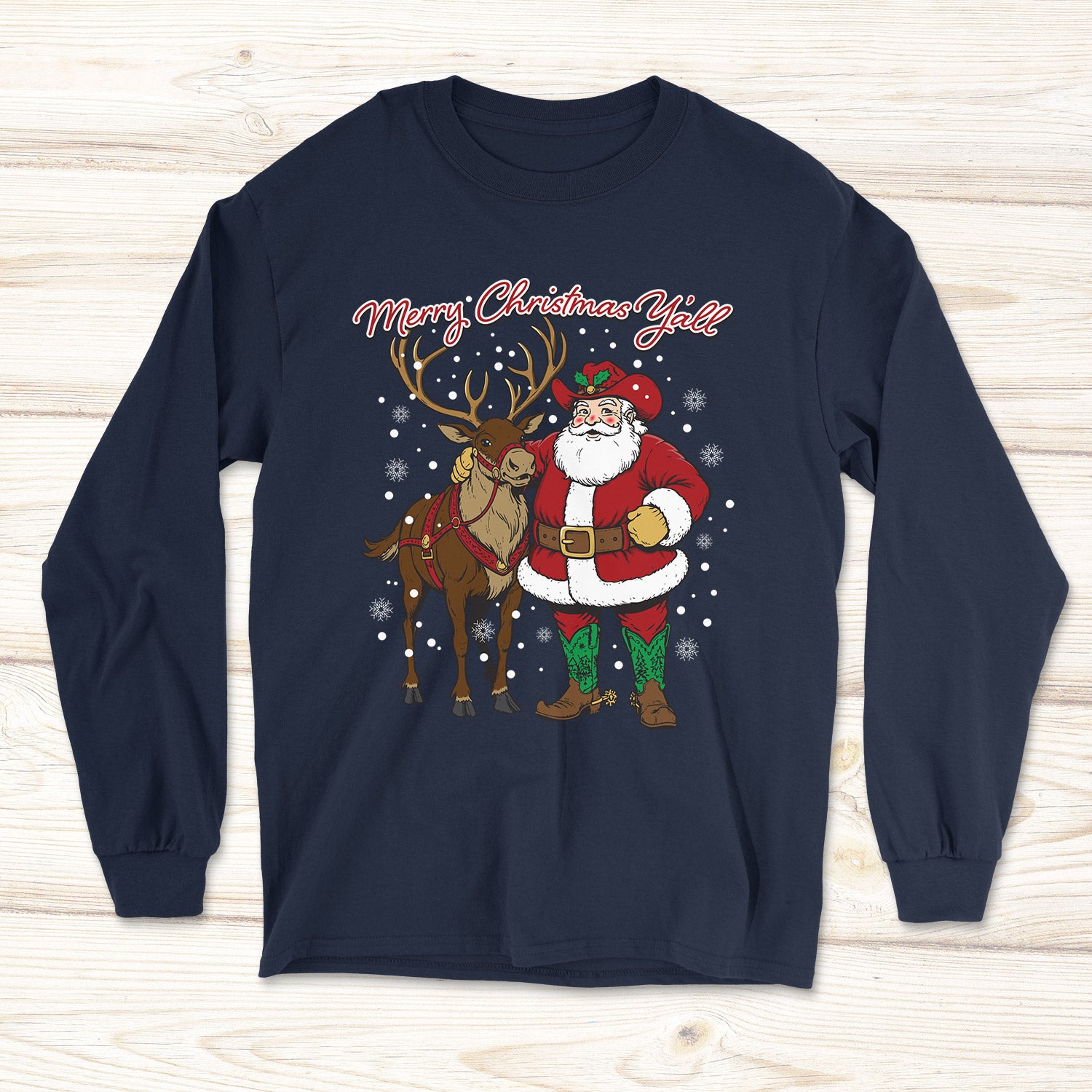 Navy long-sleeve shirt with a western Santa Claus and reindeer design.