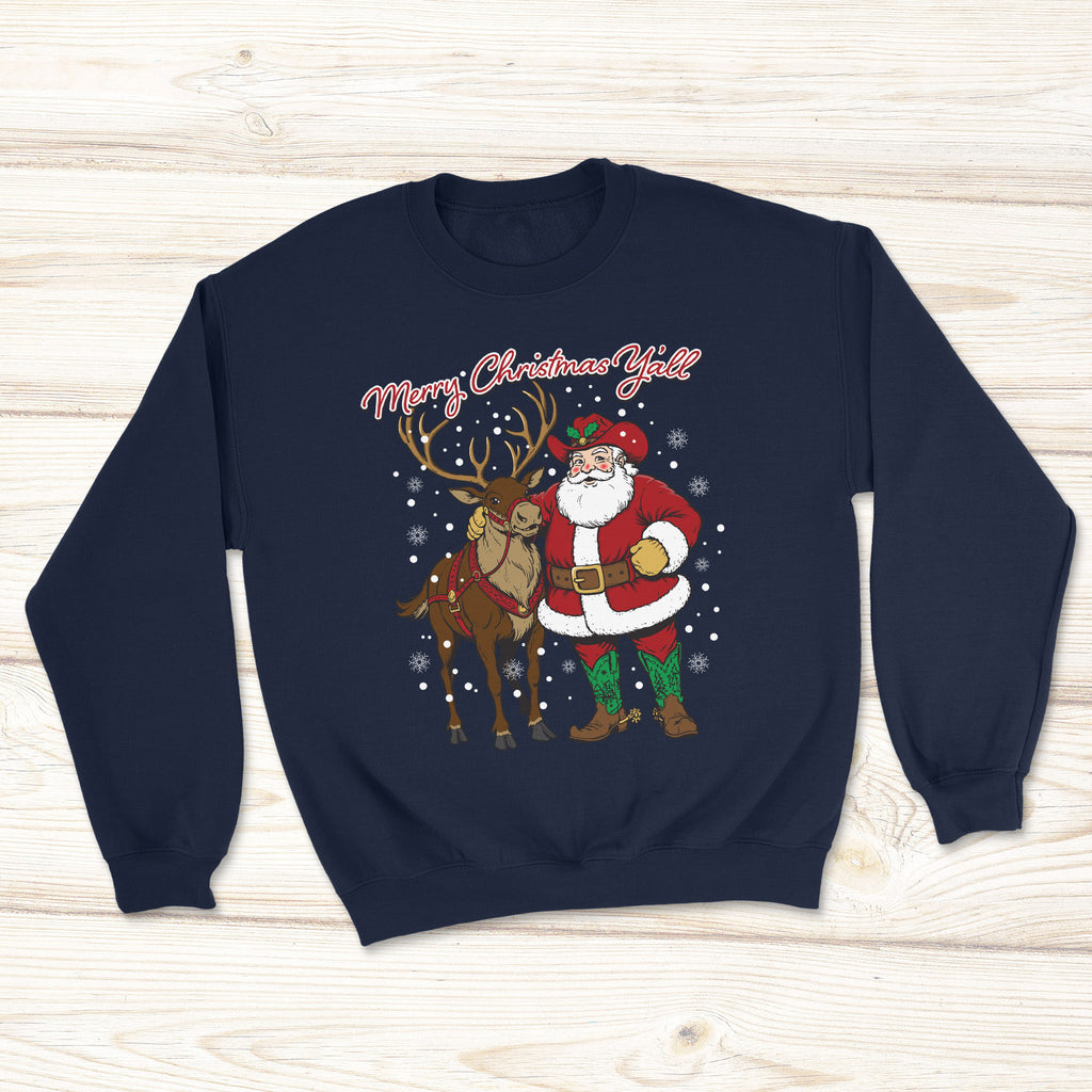 Navy blue sweatshirt with western Santa Claus and reindeer design.