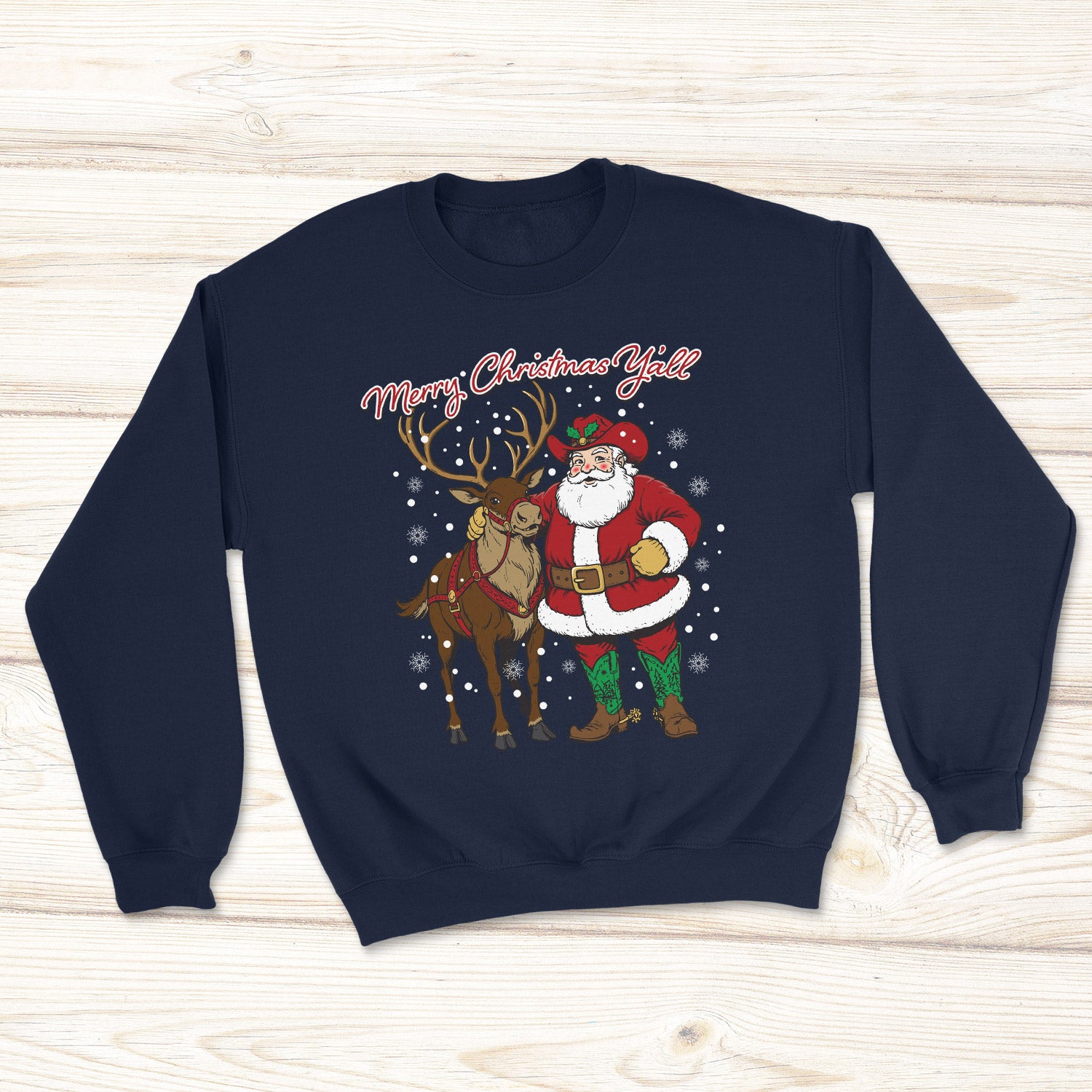 Navy blue sweatshirt with western Santa Claus and reindeer design.