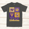 A dark gray short-sleeve t-shirt with a custom graphic print for 'Vian Wolverines'. The graphic features a 2x2 grid with purple and yellow elements: a bow, paw print, letter 'V', and a wolverine mascot logo, with 'VIAN WOLVERINES' printed below.